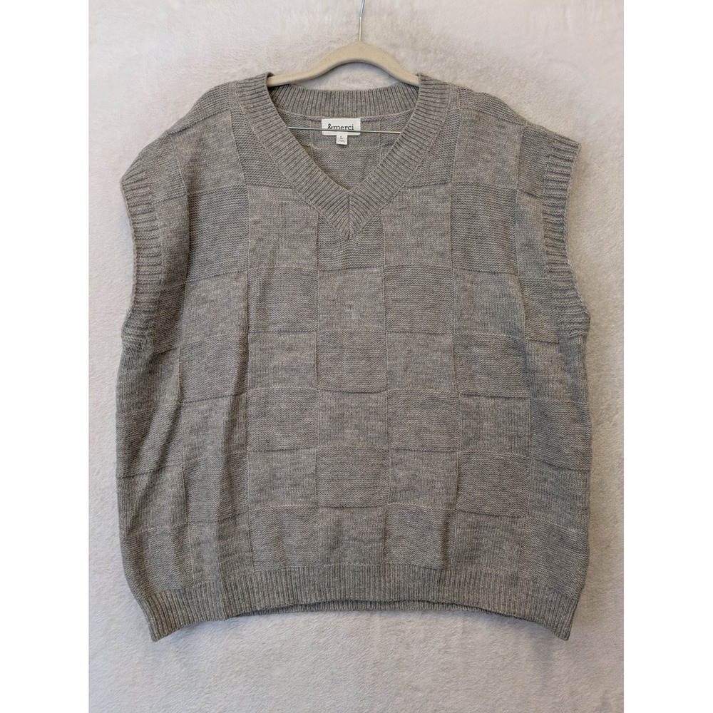 &merci Sweater‎ Vest Women's L Gray Checkerboard Knit V-Neck Sleeveless